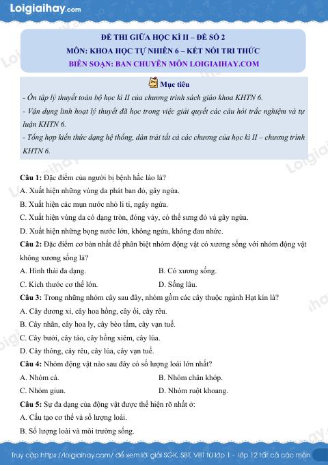 Đề thi giữa kì 2 KHTN 6 Kết nối tri thức - Đề số 2